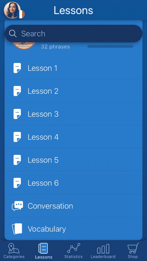 Mondly'de her bir konu başlığının altında 6 ders var