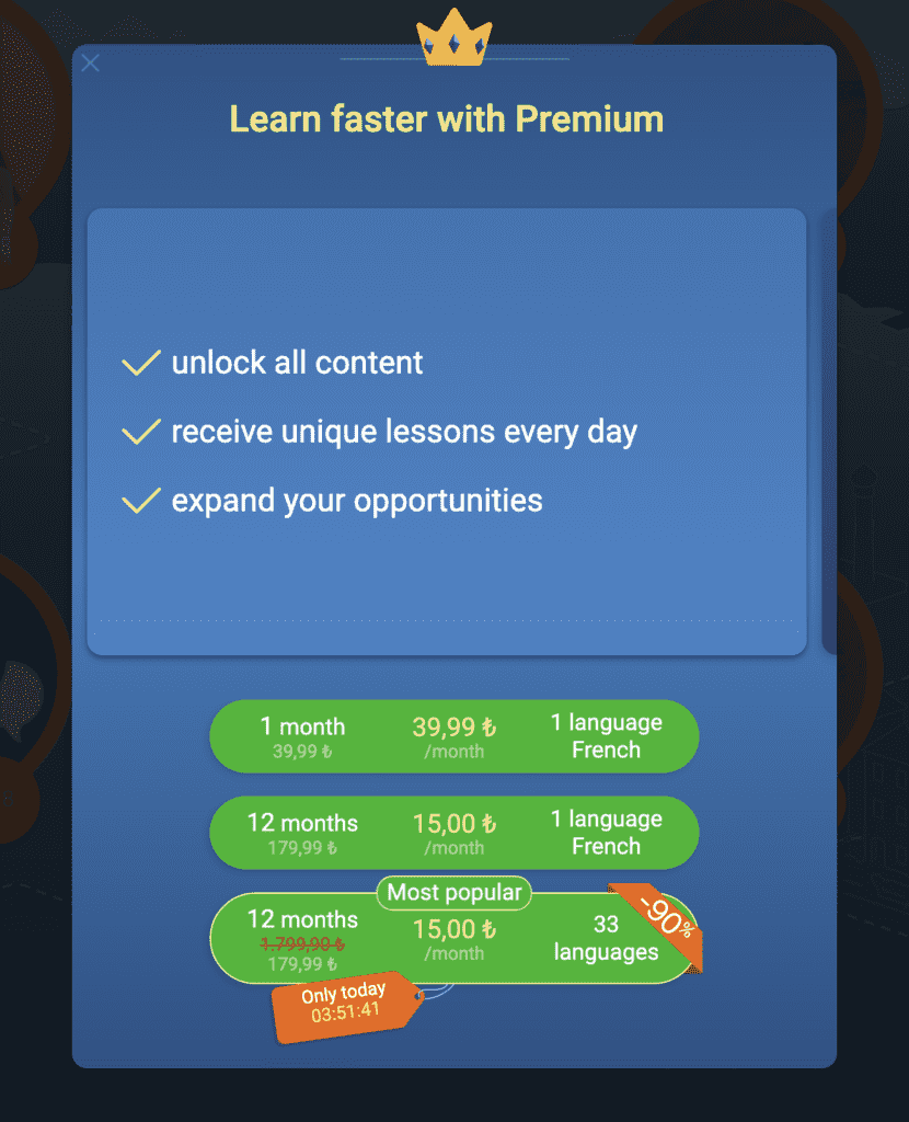 Mondly'de premium olduğunuzda bütün içeriğe erişebiliyor ve size özel dersler alabiliyorsunuz.