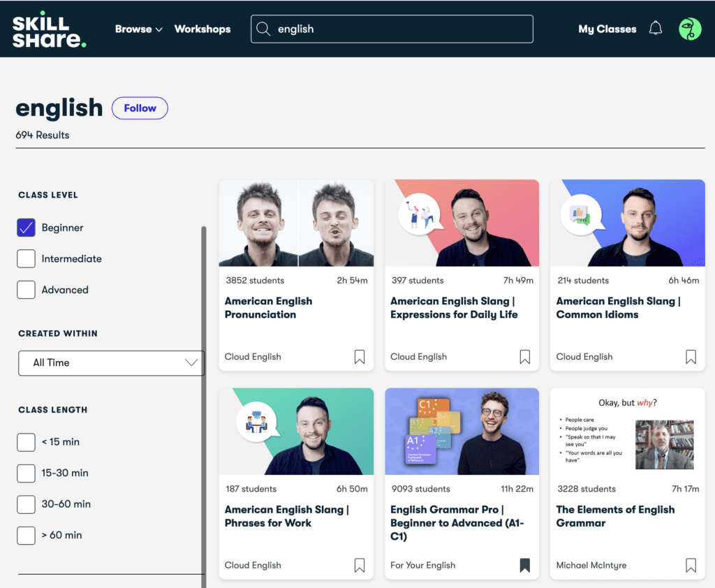 Skillshare'da İngilizce seviyenize uygun dersler alabilirsiniz