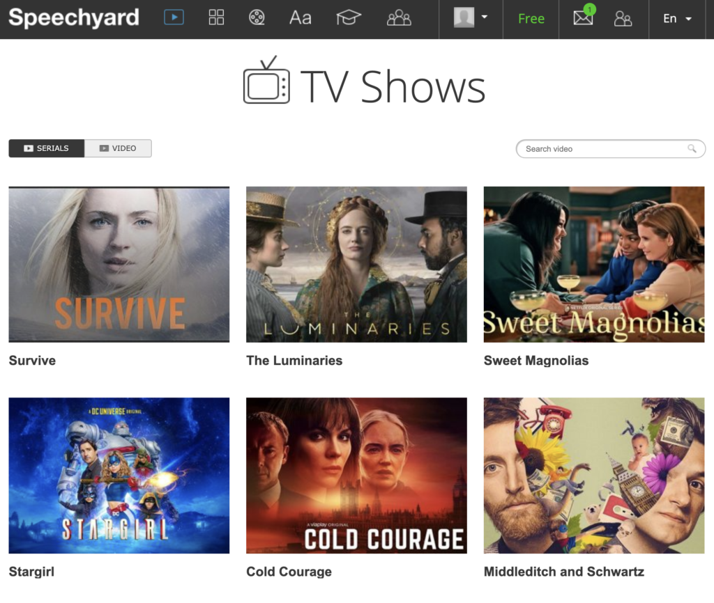 Speechyard dizi-film izleyerek ve müzik dinleyerek İngilizcenizi geliştirebileceğiniz bir platform